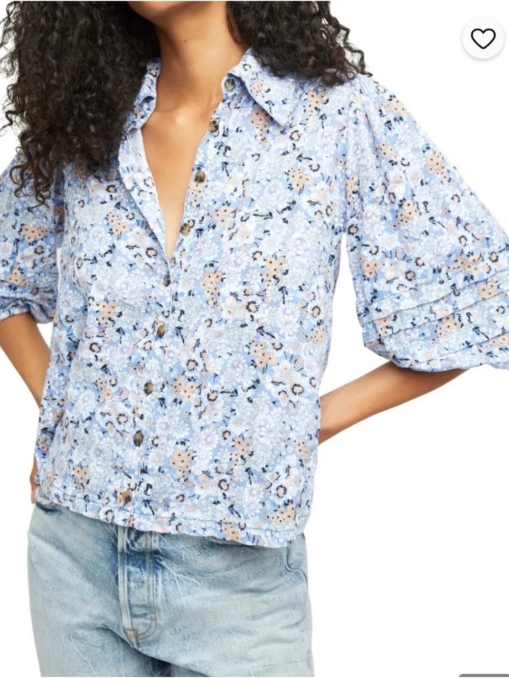 Free People Happy Days Blue Floral Button-Down Puff Sleeve Shirt